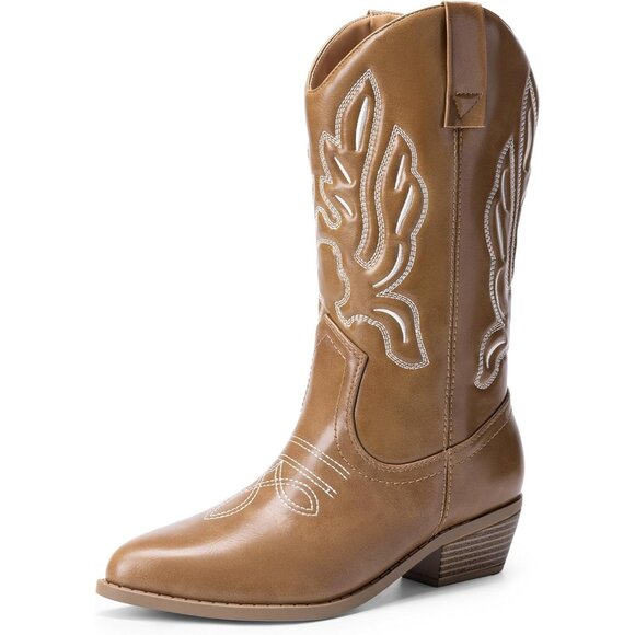 Women's Light Brown-PU Western Embroidery Stitched Faux Leather Cowgirl Boots - Picture 1 of 7